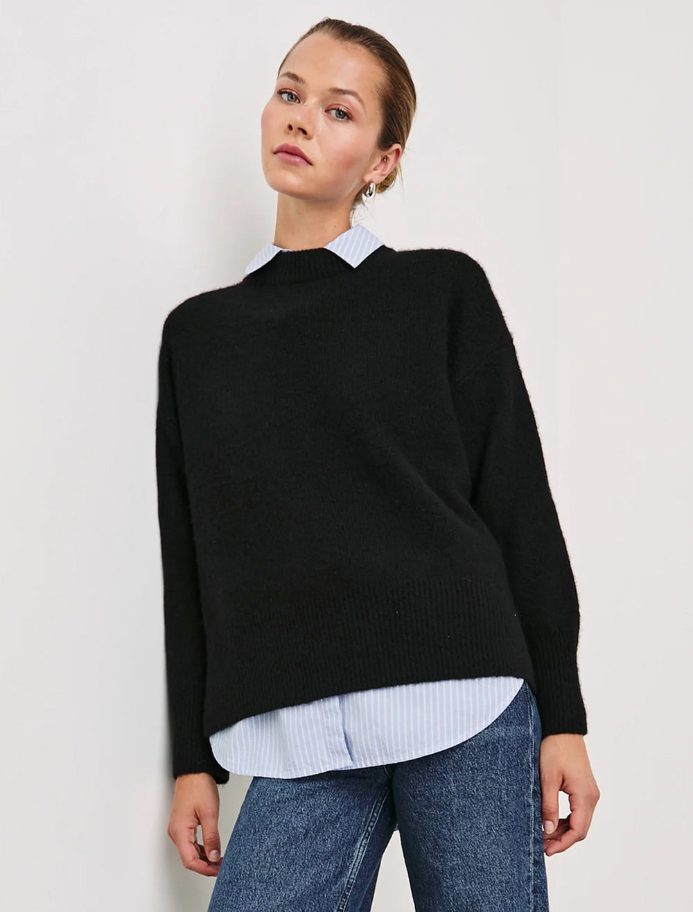 Model wearing Rails' miranda crew sweater in black.