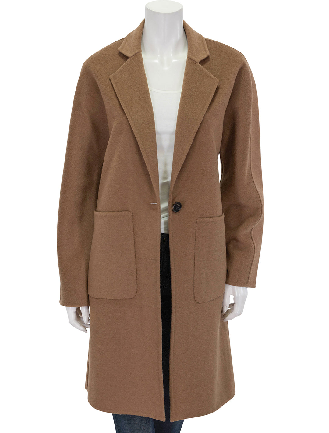 Front view of Rails' everest coat in camel, unbuttoned.