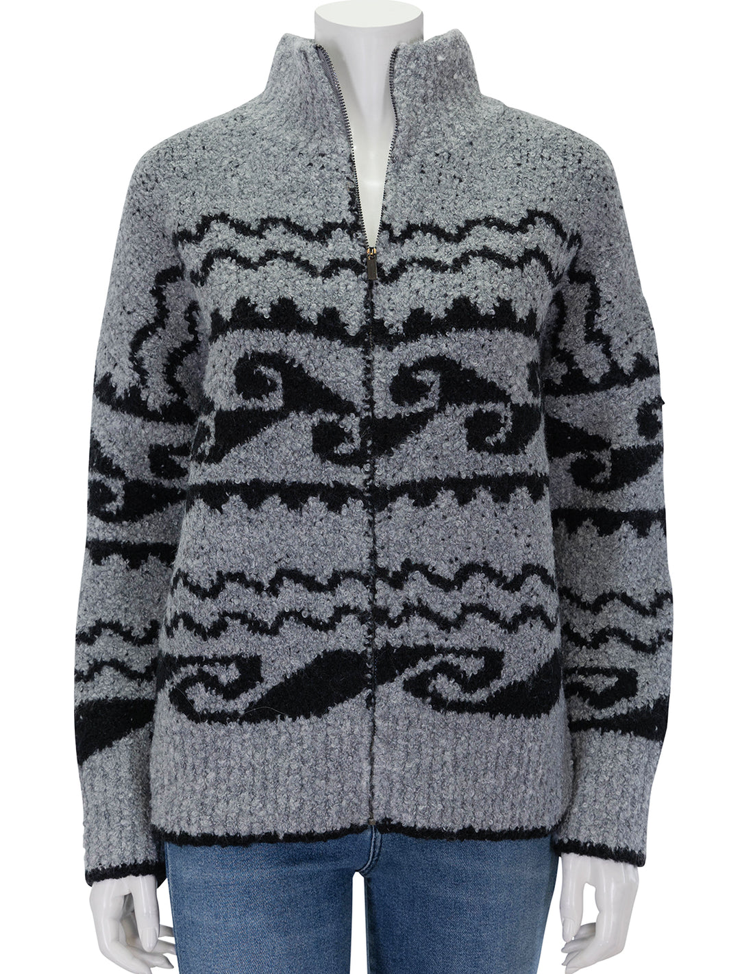 Front view of John + Jenn's danny zip front cardigan in asphalt waves.