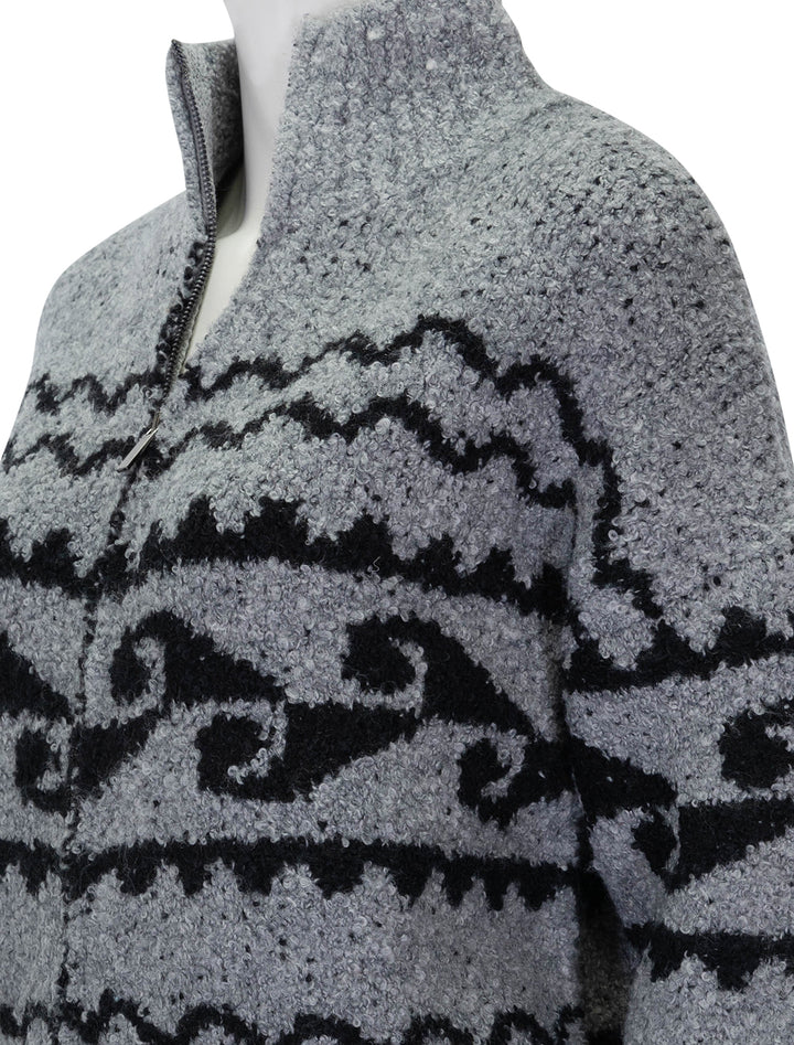 Close-up view of John + Jenn's danny zip front cardigan in asphalt waves.