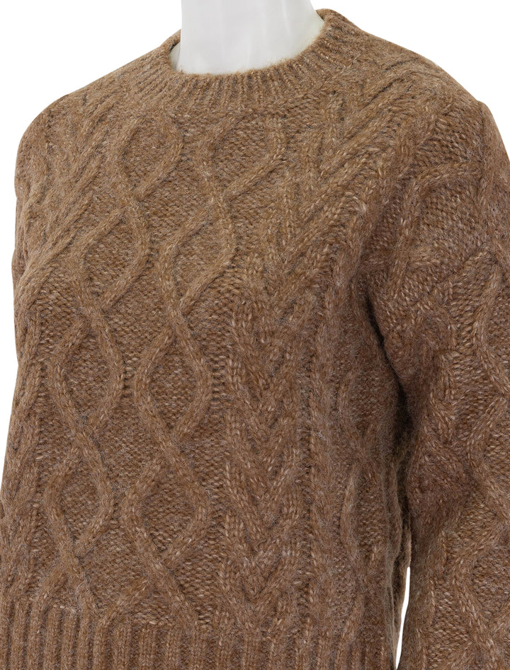 Close-up view of John + Jenn's percy cableknit pullover in fireplace crackle.