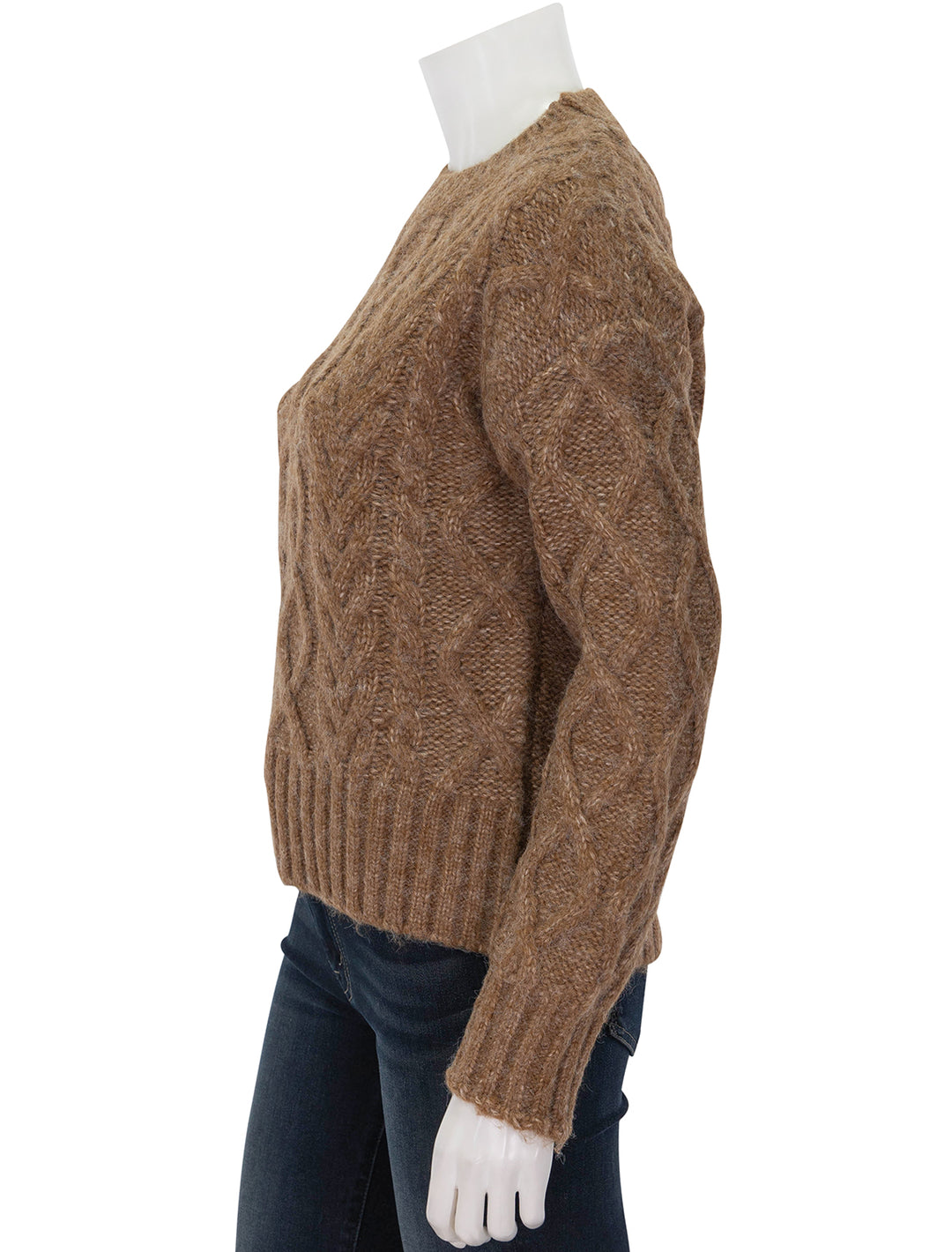 Side view of John + Jenn's percy cableknit pullover in fireplace crackle.