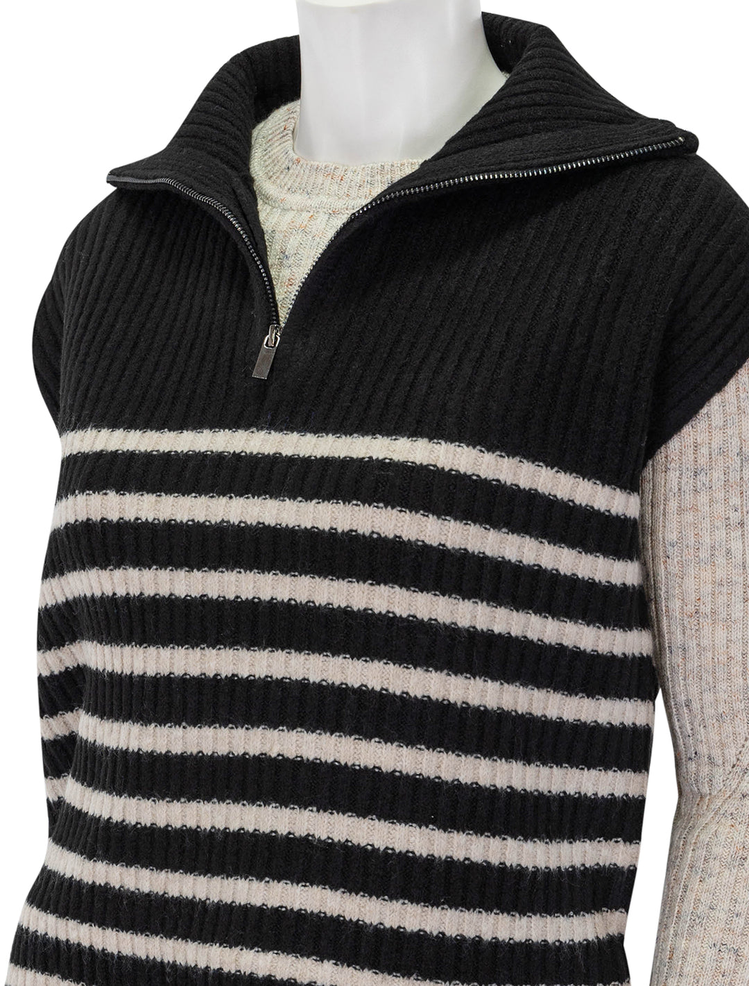 Close-up view of John + Jenn's otto sleeveless 1/4 zip in twilight zone stripe.