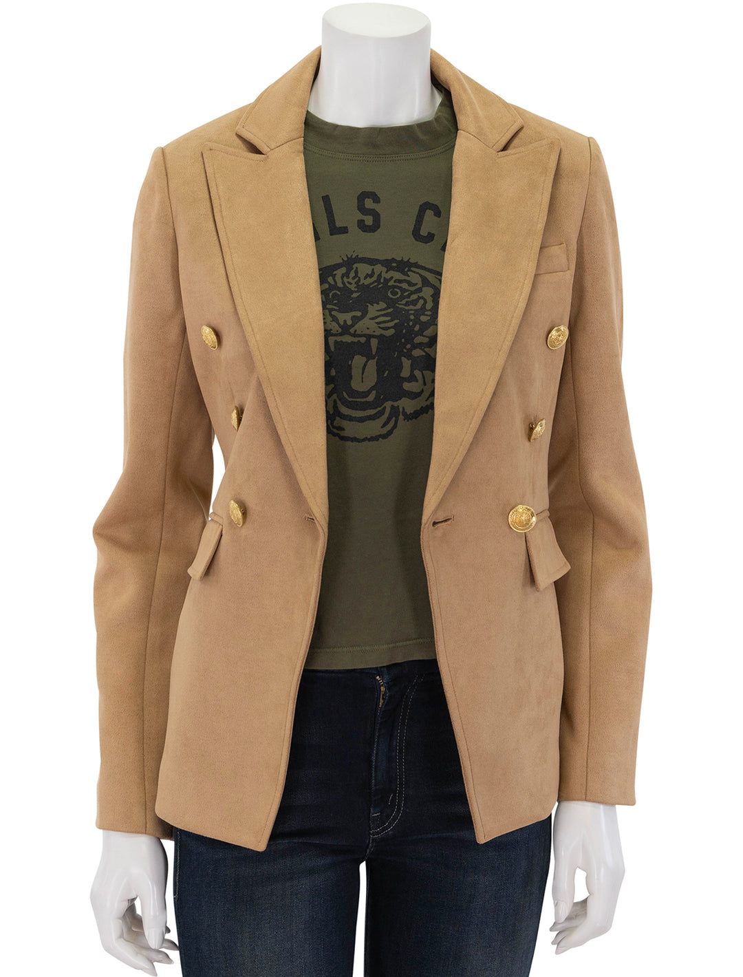 Front view of John + Jenn's orson blazer in british tan, unbuttoned.