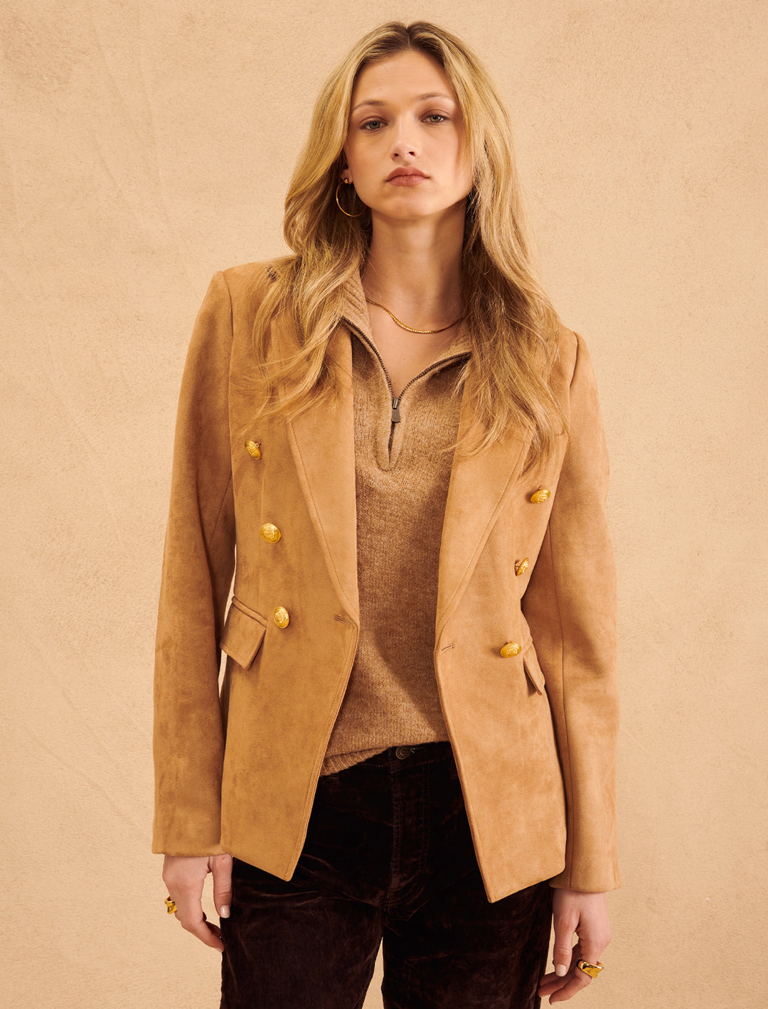 Model wearing John + Jenn's orson blazer in british tan.