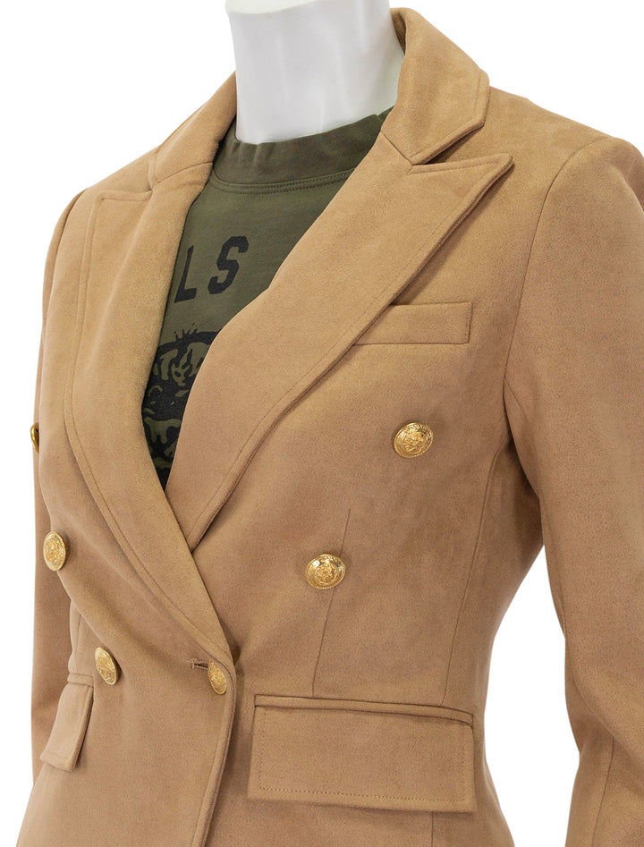 Close-up view of John + Jenn's orson blazer in british tan.