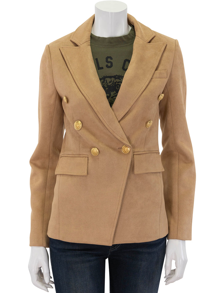 Front view of John + Jenn's orson blazer in british tan, buttoned.