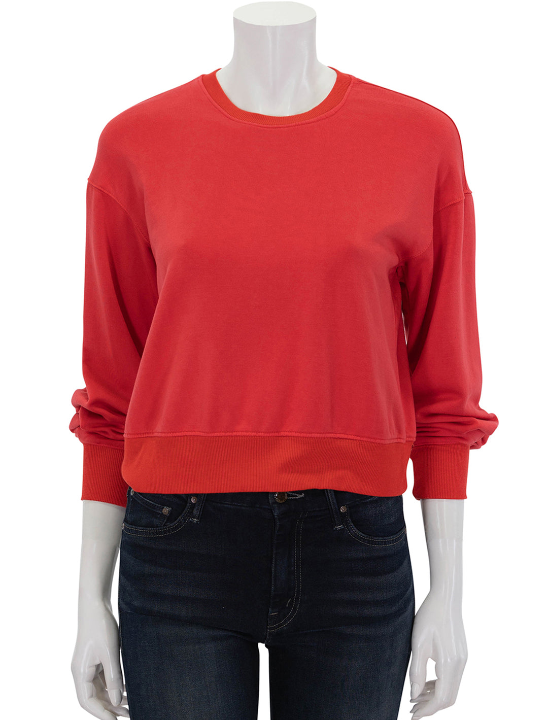 Front view of Stateside's softest fleece cropped pleated sleeve sweatshirt in sumo red.