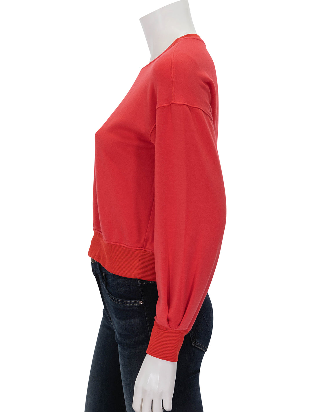 Side view of Stateside's softest fleece cropped pleated sleeve sweatshirt in sumo red.