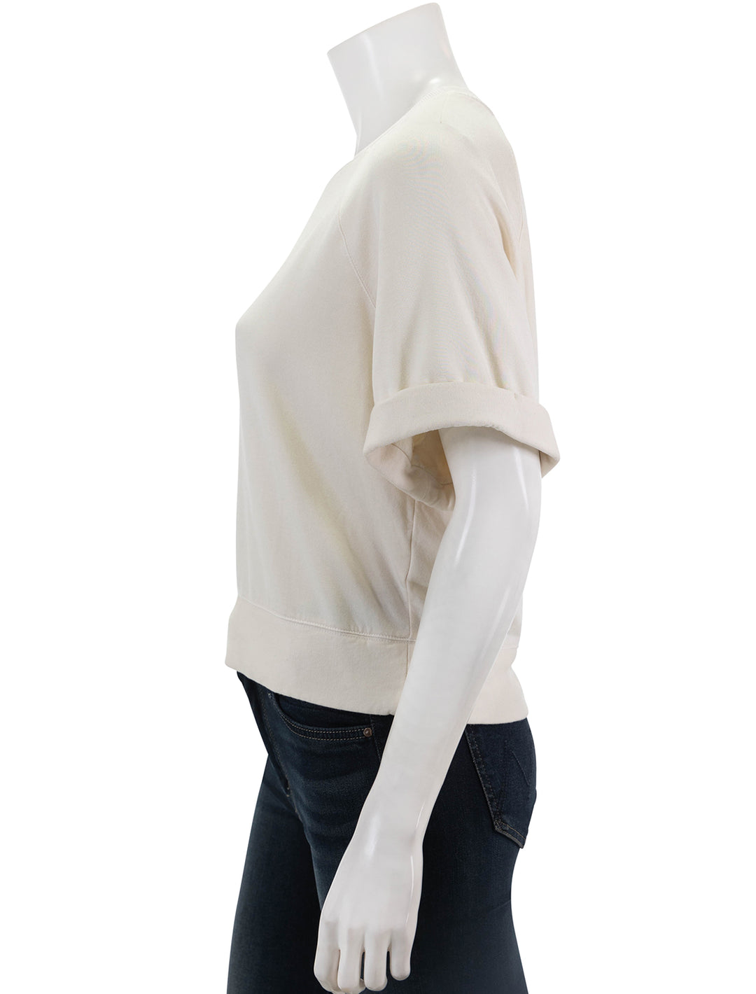 Side view of Stateside's softest fleece boxy raglan in cream.