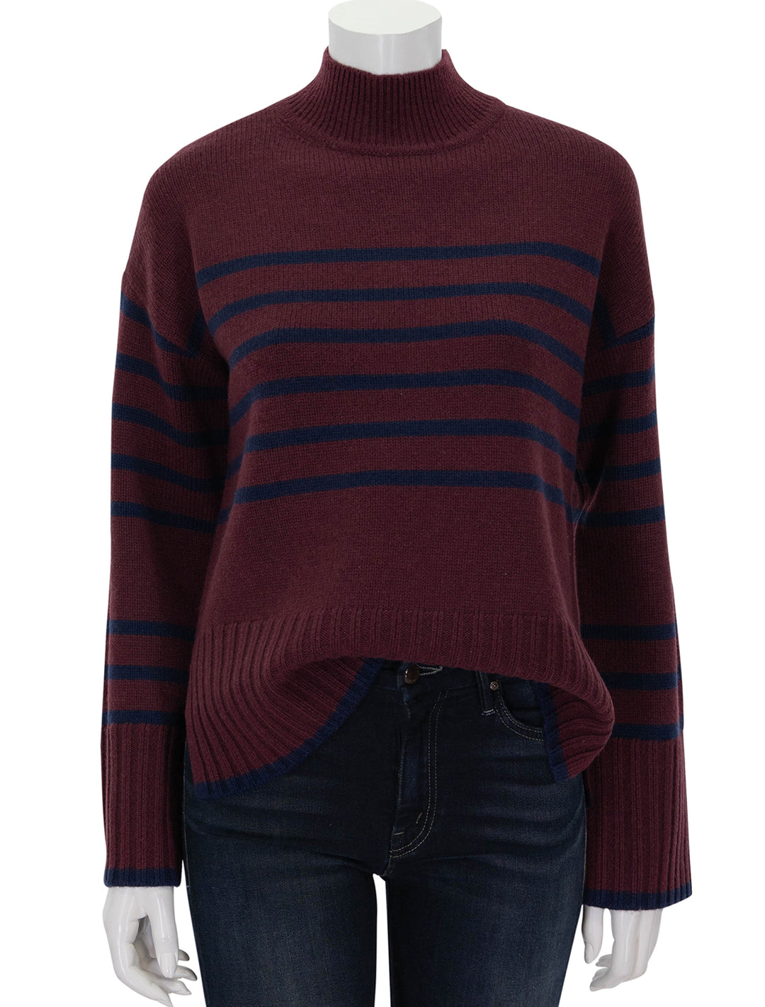 Front view of Stateside's striped mockneck sweater in cherry liquor.