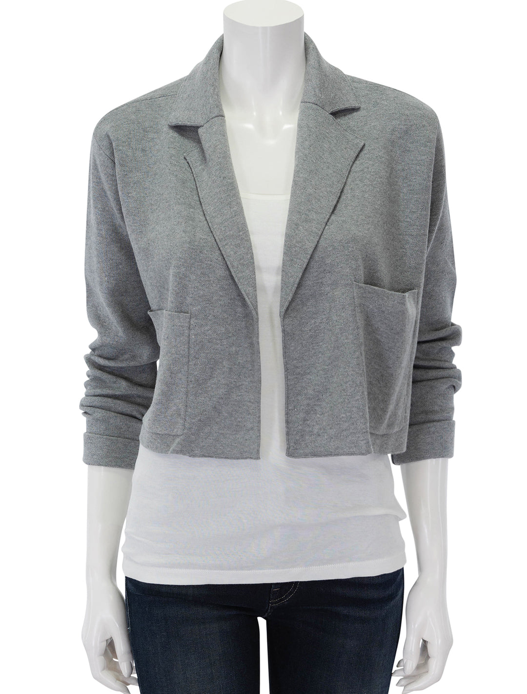 Front view of Splendid's elsie jacket in heather fog.