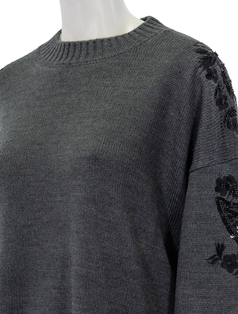 Close-up view of Splendid's leanna sweater in heather shadow.