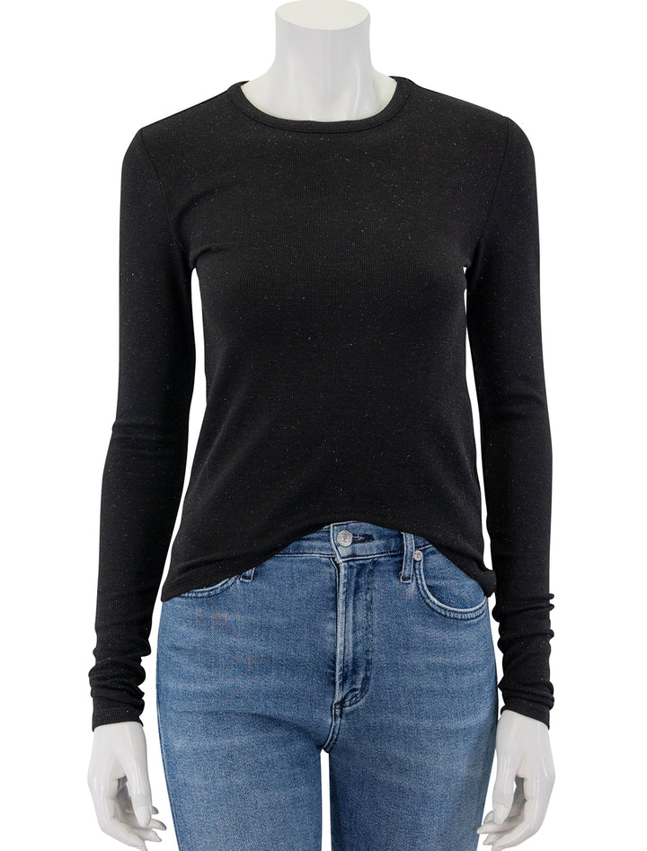 Front view of Splendid's isabella shimmer long sleeve tee in black.