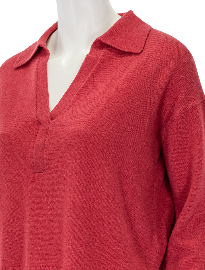 Close-up view of Splendid's tori cashmere polo sweater in holly.