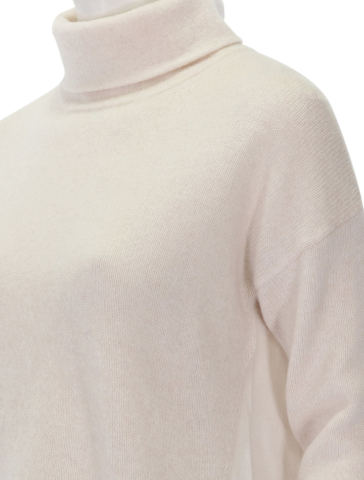 Close-up view of Splendid's tori cashmere cowl neck sweater in pale oak heather.