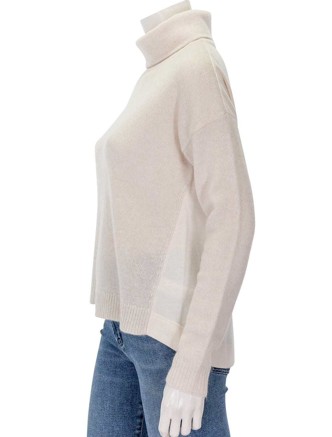 Side view of Splendid's tori cashmere cowl neck sweater in pale oak heather.