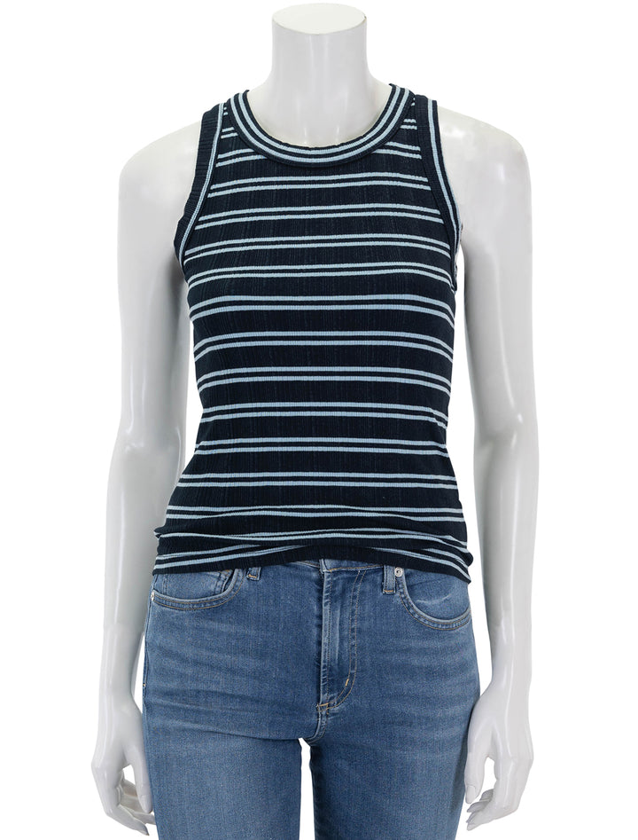 Front view of Sundry's high crew tank in deep navy stripe.