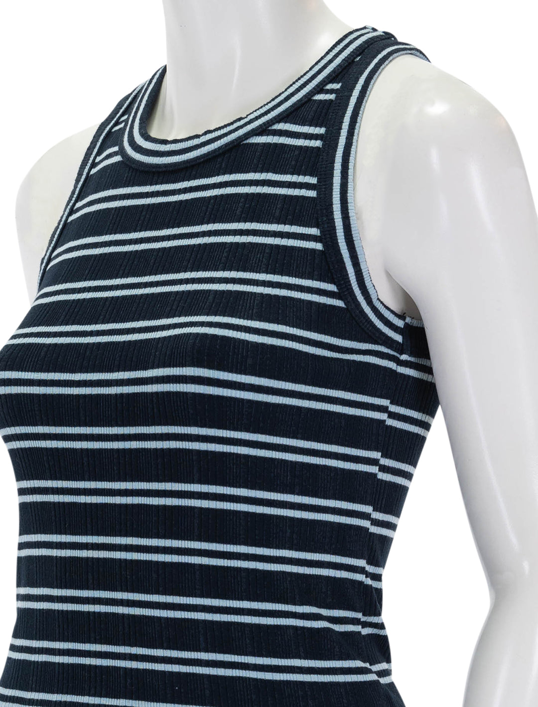 Close-up view of Sundry's high crew tank in deep navy stripe.