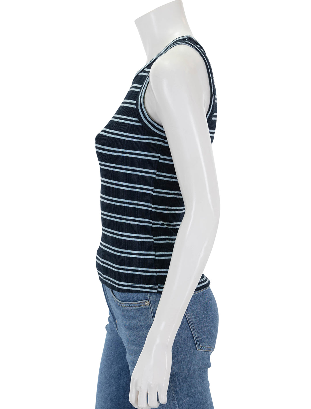 Side view of Sundry's high crew tank in deep navy stripe.