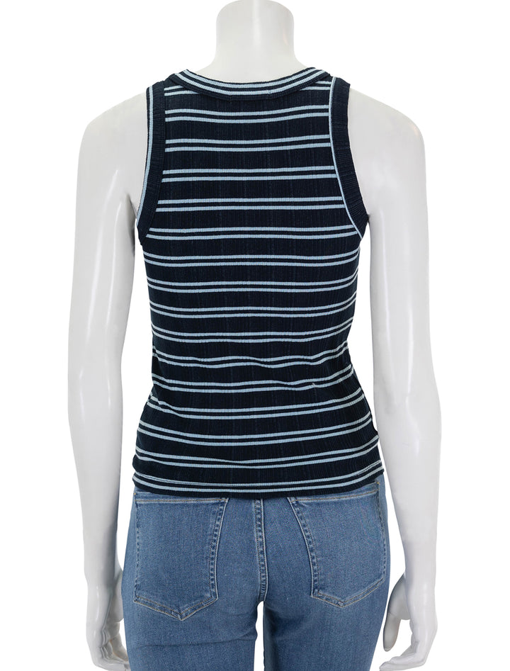 Back view of Sundry's high crew tank in deep navy stripe.