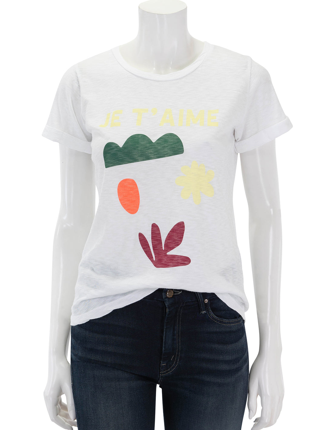 Front view of Sundry's je t'aime tee in optic white.