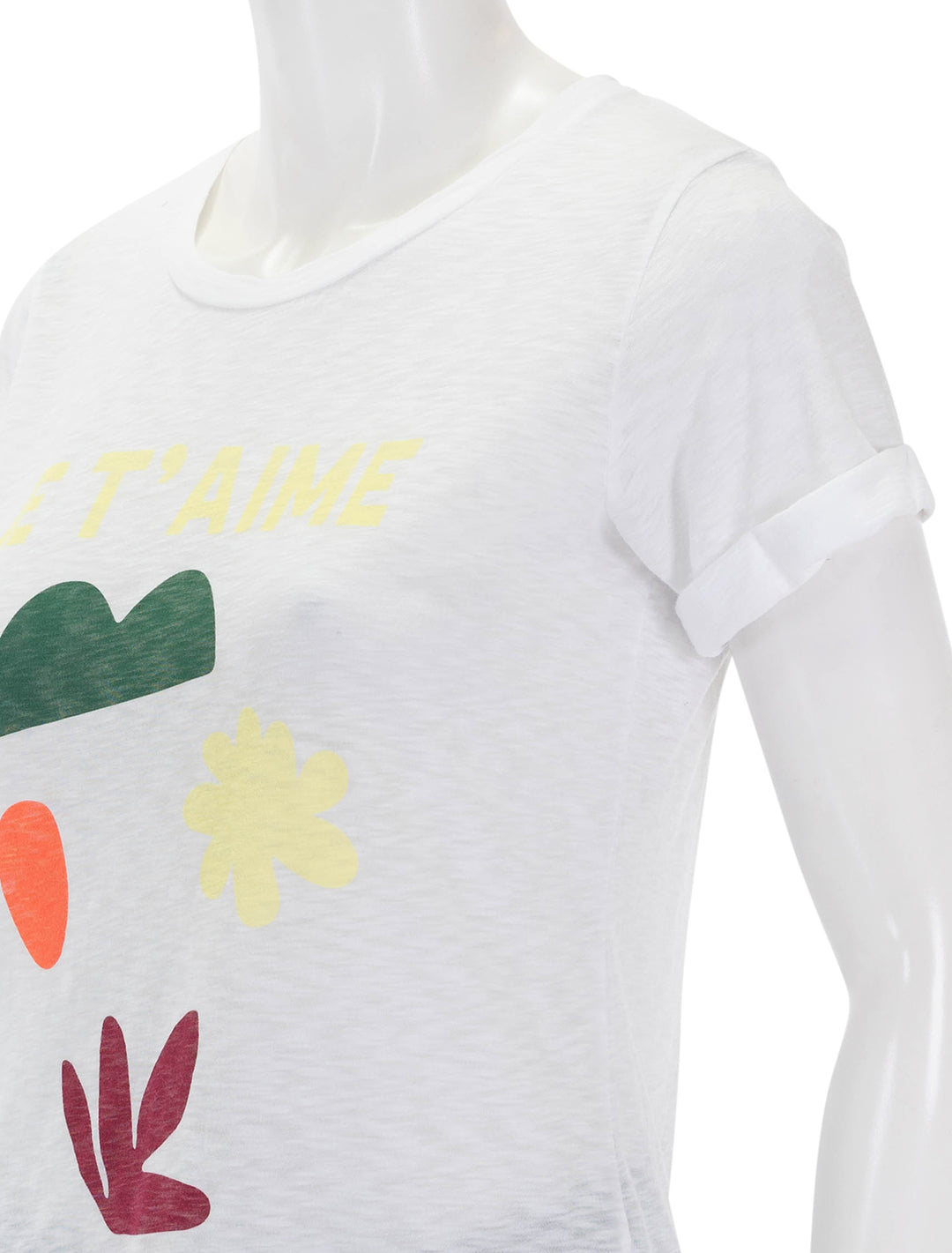 Close-up view of Sundry's je t'aime tee in optic white.