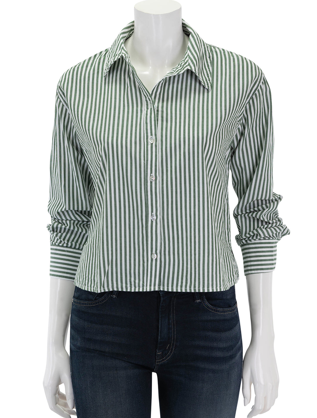 Front view of Sundry's cropped classic shirt in fern stripe.