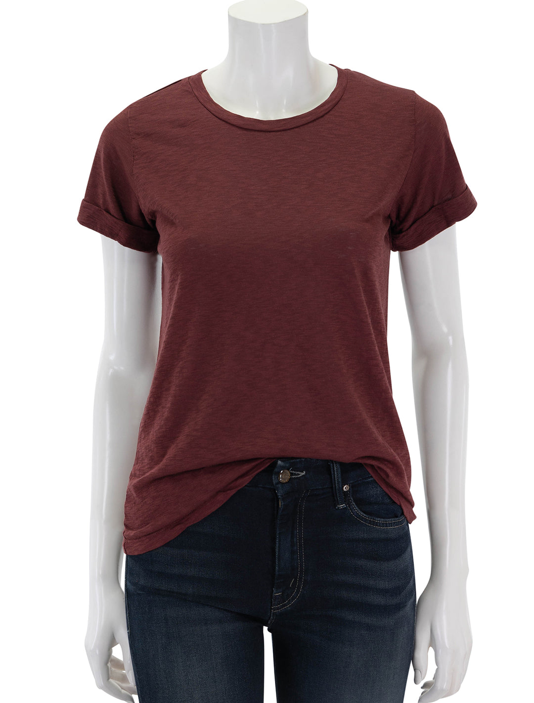 Front view of Sundry's rolled sleeve tee in bordeaux.