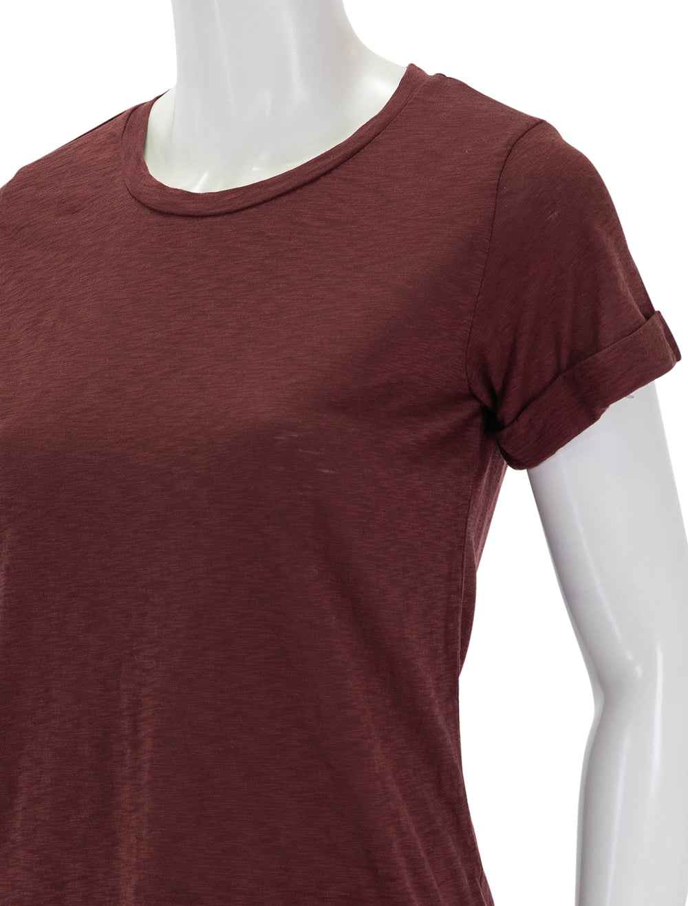 Close-up view of Sundry's rolled sleeve tee in bordeaux.