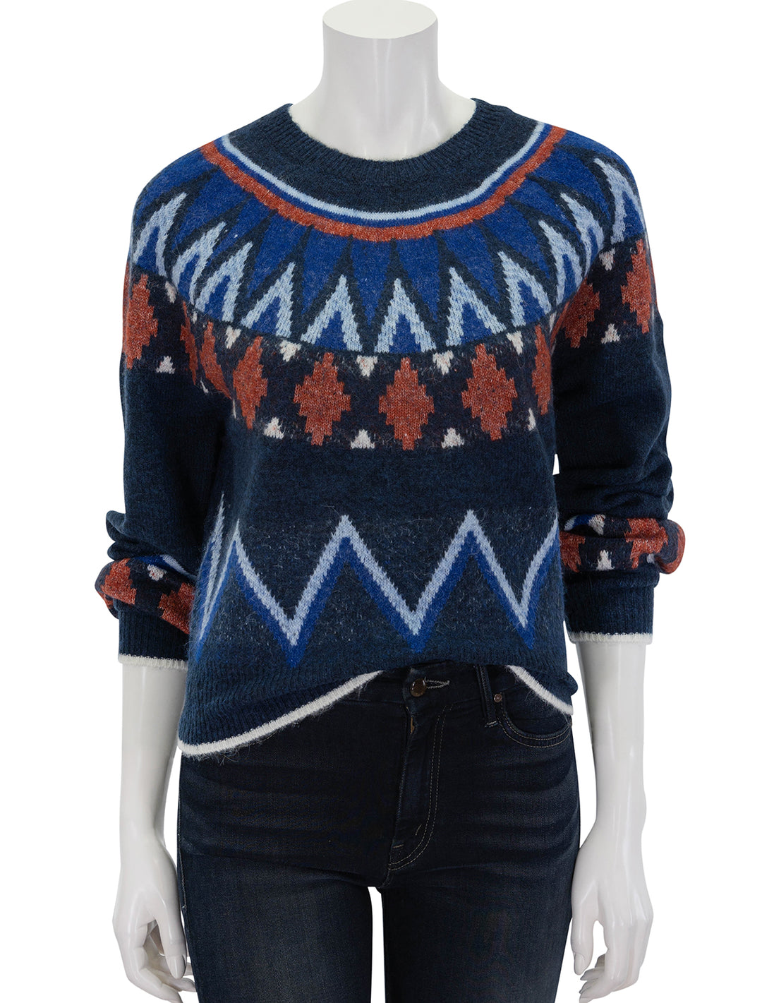 Front view of Sundry's fairisle crewneck sweater in deep navy.