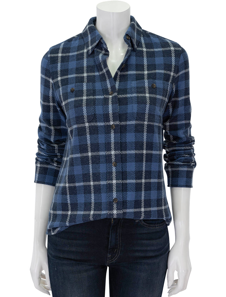 Front view of Faherty's legend sweater shirt in blue winds plaid.