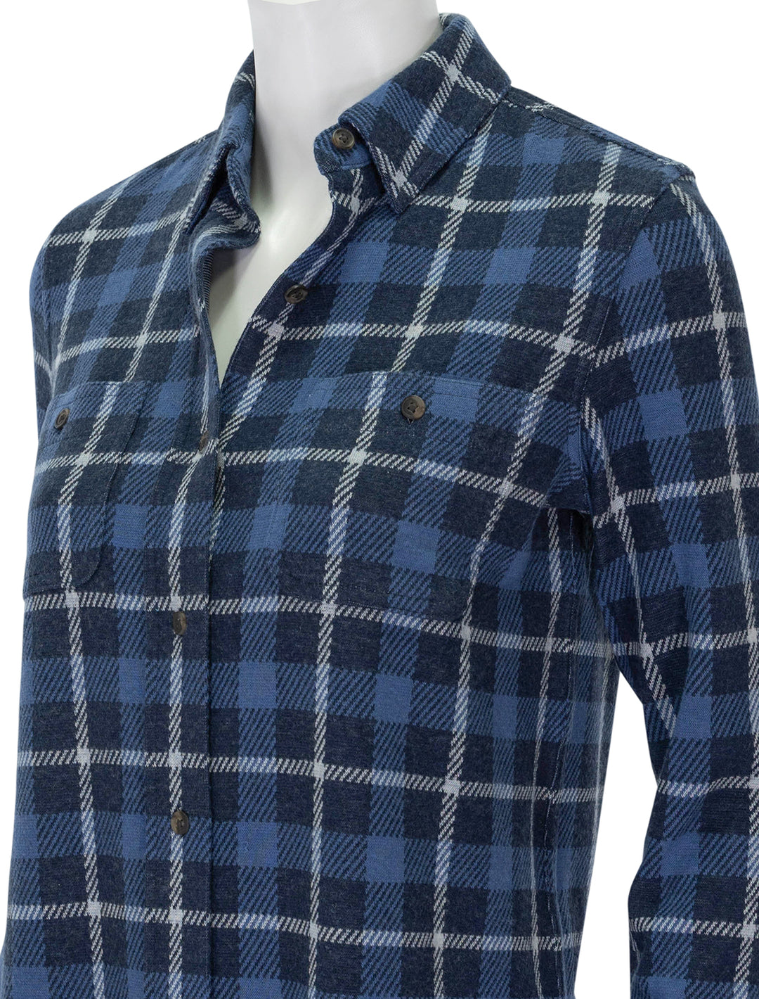 Close-up view of Faherty's legend sweater shirt in blue winds plaid.