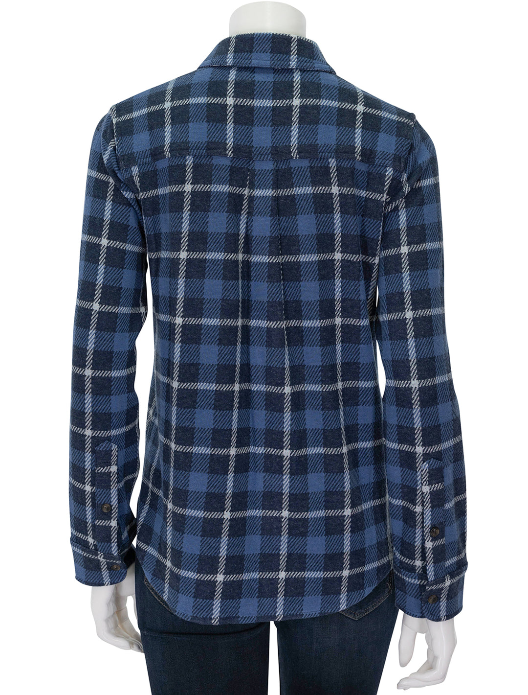 Back view of Faherty's legend sweater shirt in blue winds plaid.