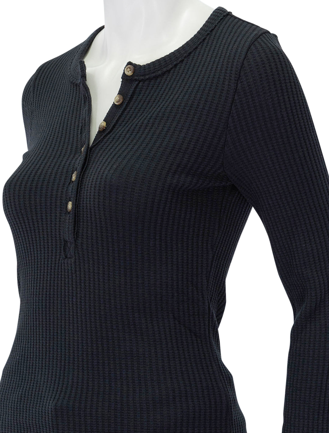 Close-up view of Faherty's legend apres waffle henley in heather black.