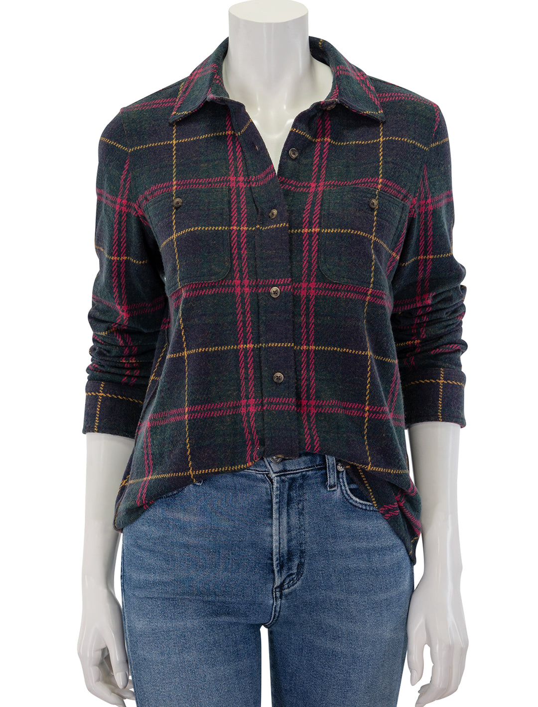 front view of legend sweater shirt in outer limits plaid