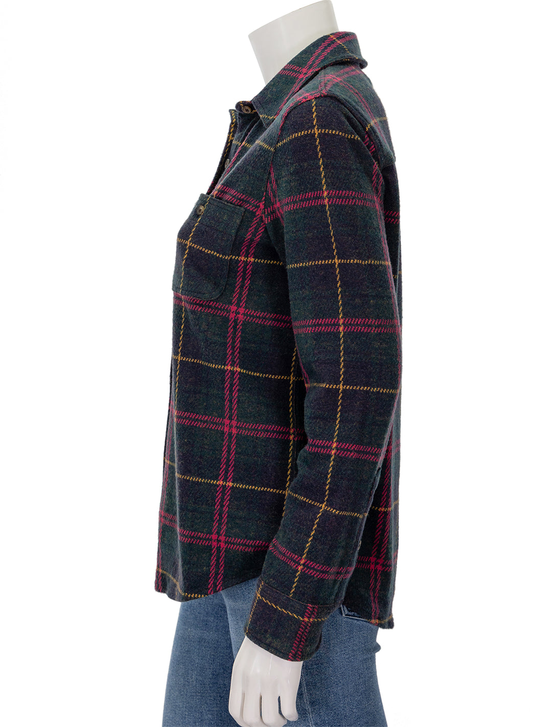 side view of legend sweater shirt in outer limits plaid