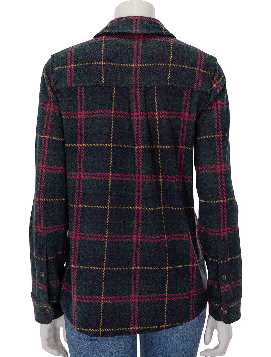 back view of legend sweater shirt in outer limits plaid