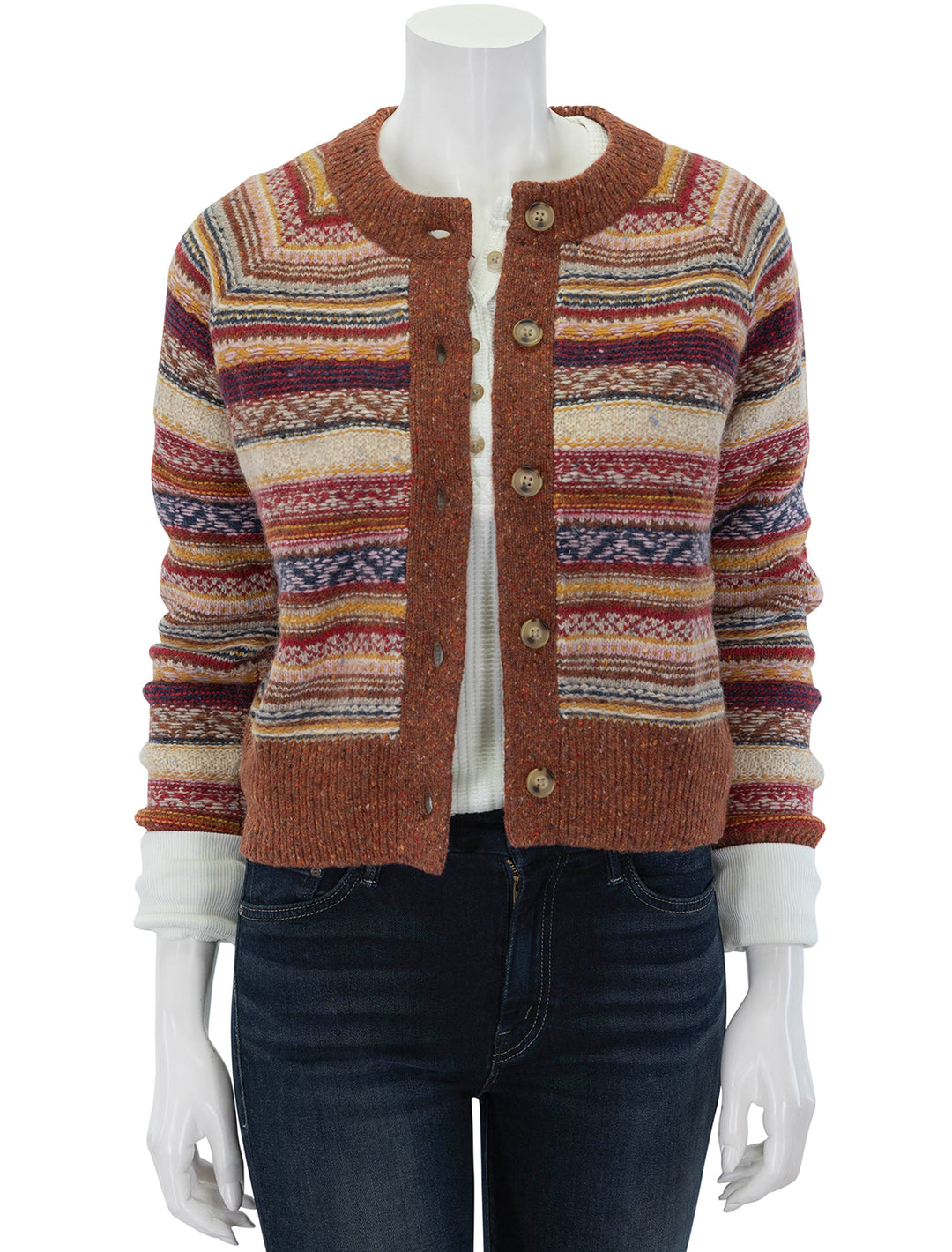 Front view of Faherty's marley fairisle cardigan in orchard.