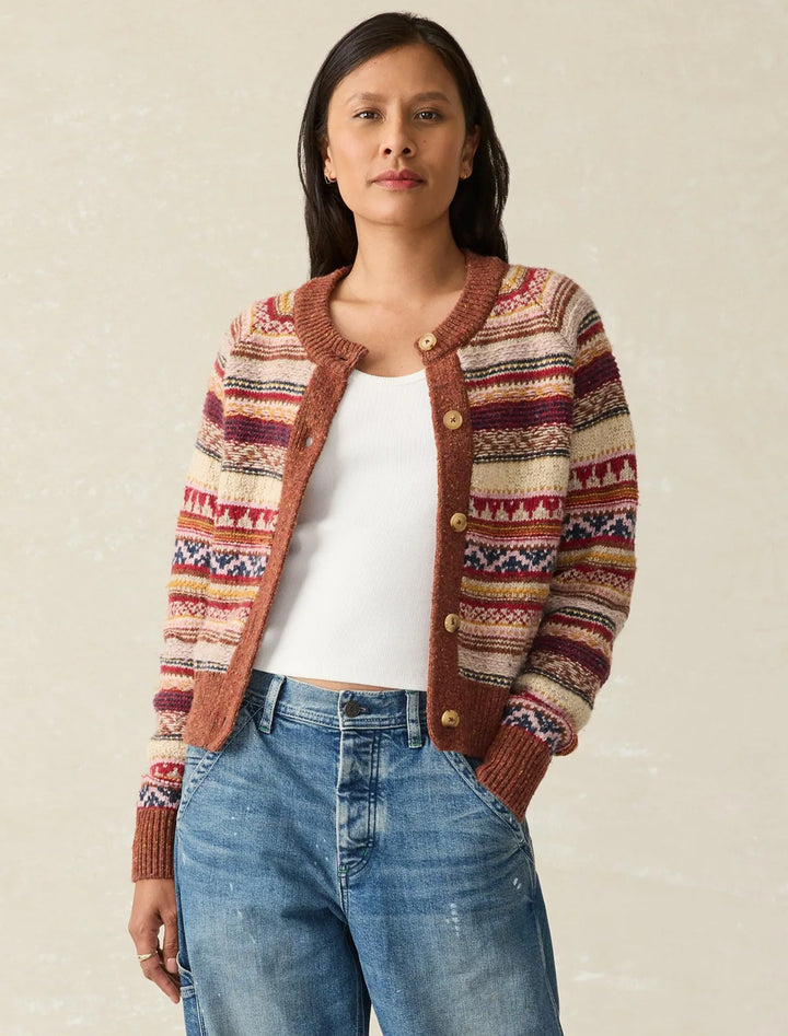 Model wearing Faherty's marley fairisle cardigan in orchard.