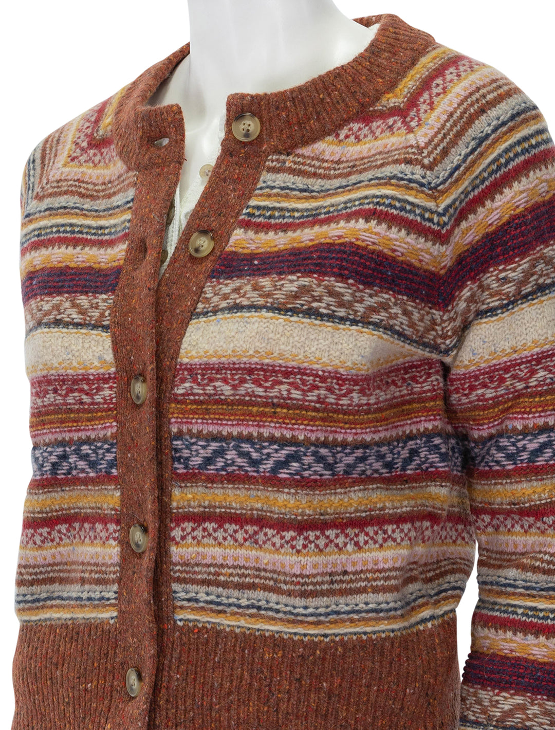 Close-up view of Faherty's marley fairisle cardigan in orchard.