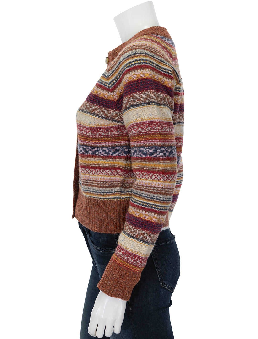 Side view of Faherty's marley fairisle cardigan in orchard.