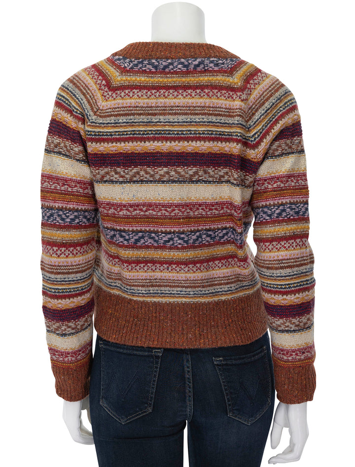 Back view of Faherty's marley fairisle cardigan in orchard.