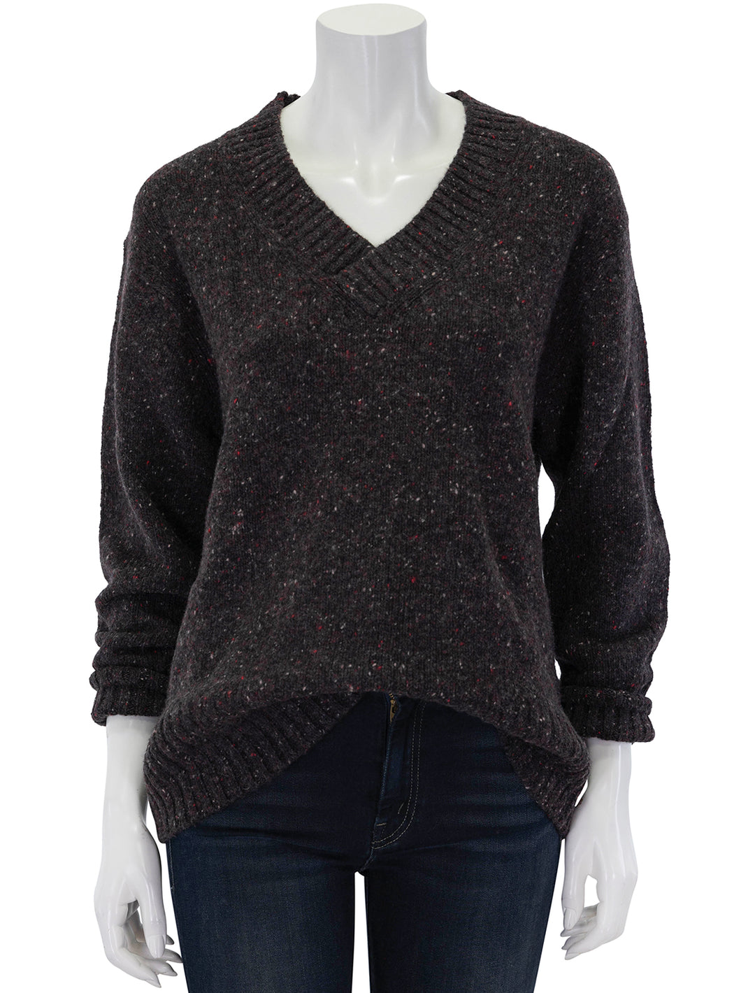 Front view of Faherty's driftwood donegal sweater in blackberry.