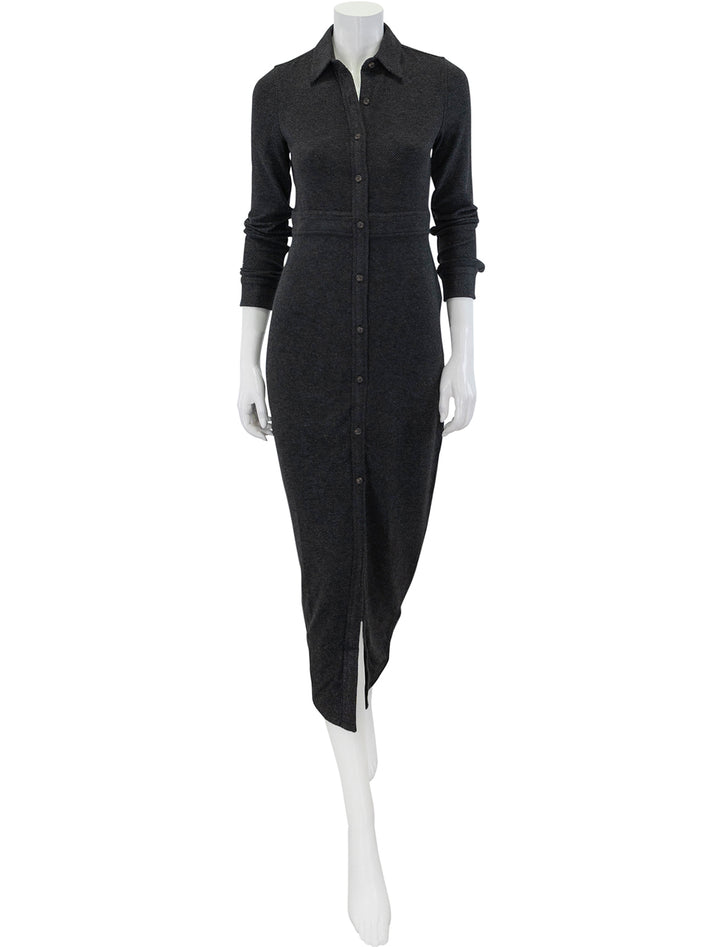 Front view of Faherty's legend sweater maxi dress in heathered black twill.