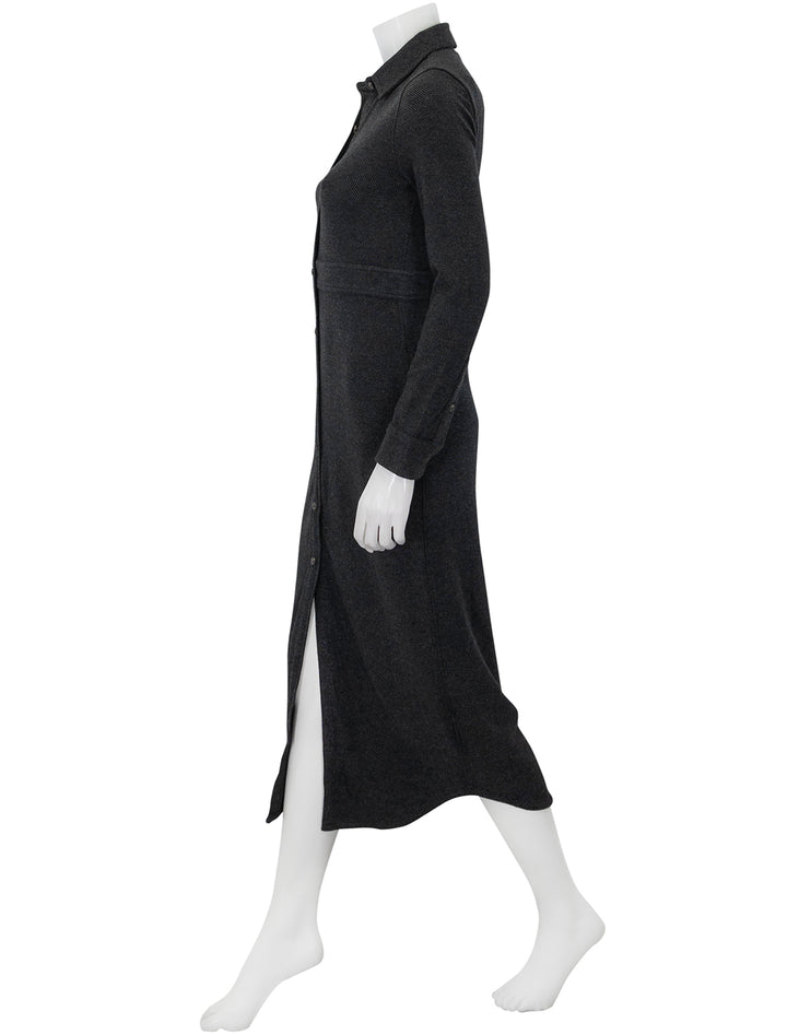 Side view of Faherty's legend sweater maxi dress in heathered black twill.