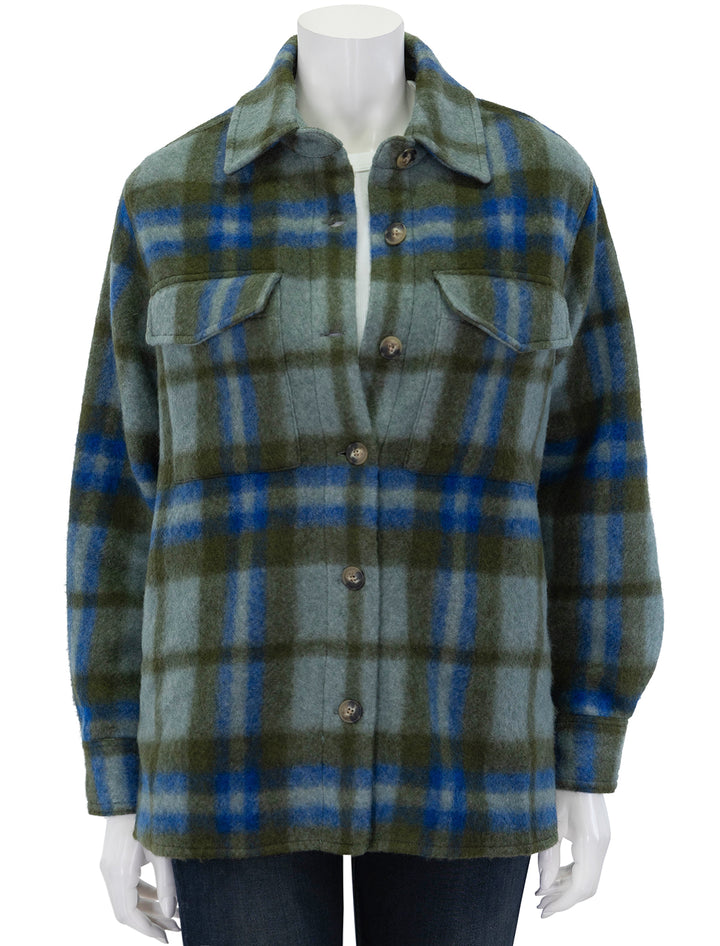 Front view of Faherty's cotswold shirt jacket in oakland plaid.