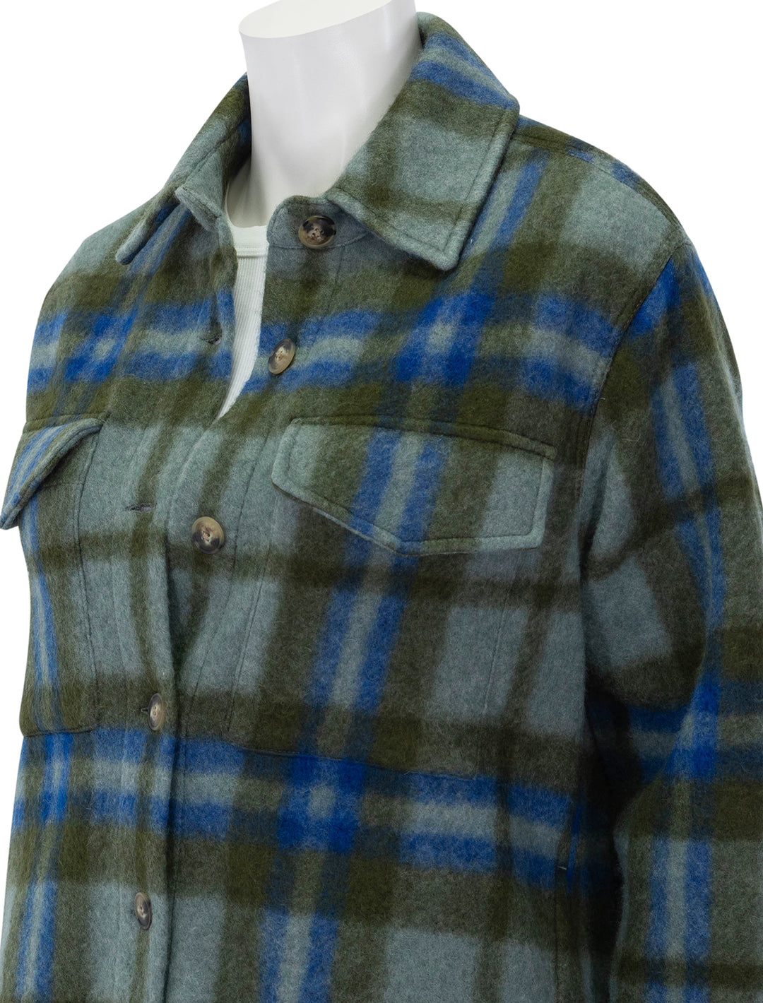 Close-up view of Faherty's cotswold shirt jacket in oakland plaid.