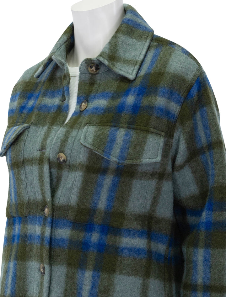 Close-up view of Faherty's cotswold shirt jacket in oakland plaid.