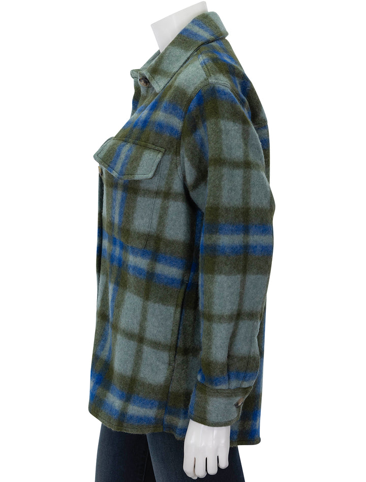 Side view of Faherty's cotswold shirt jacket in oakland plaid.